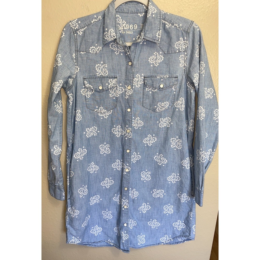 Gap Denim Shirt Dress Small Long Sleeve Pearl Snap Pockets Western Chambray
